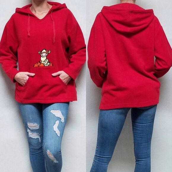 VINTAGE 90s Disney Winnie The Pooh Tigger Red Hooded Fleece Sweatshirt Medium - Picture 1 of 14